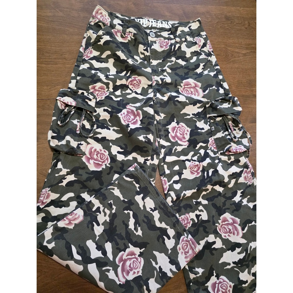 VIP Jeans Womens Camo Floral Cargo Pants Wide Leg Pink Rose Green Size 9/29